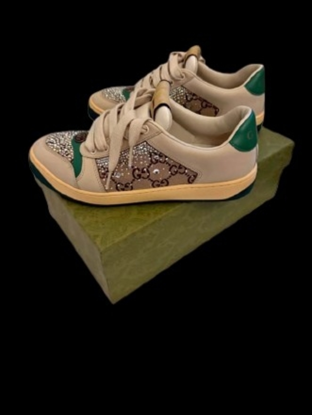 Gucci Beige and Green GG Crystal-Embellished Low-Top Sneakers size 37.5 EU